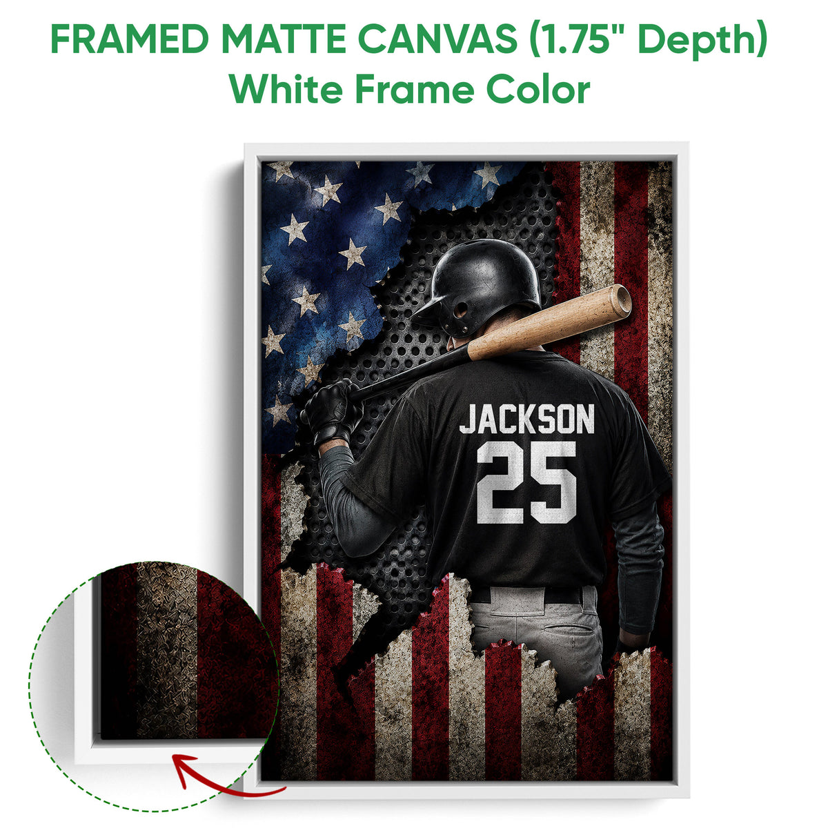 Framed baseball canvas wall art shown with a white frame and close-up view of the frame edge