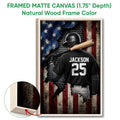 Framed baseball canvas wall art shown with a natural wood frame and close-up view of the frame edge