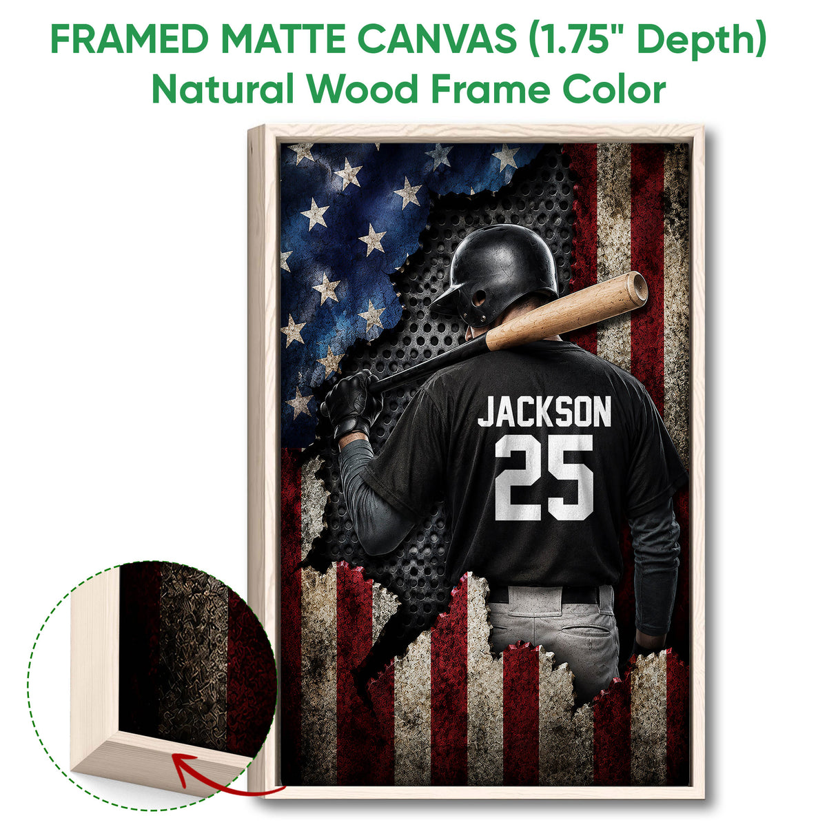 Framed baseball canvas wall art shown with a natural wood frame and close-up view of the frame edge