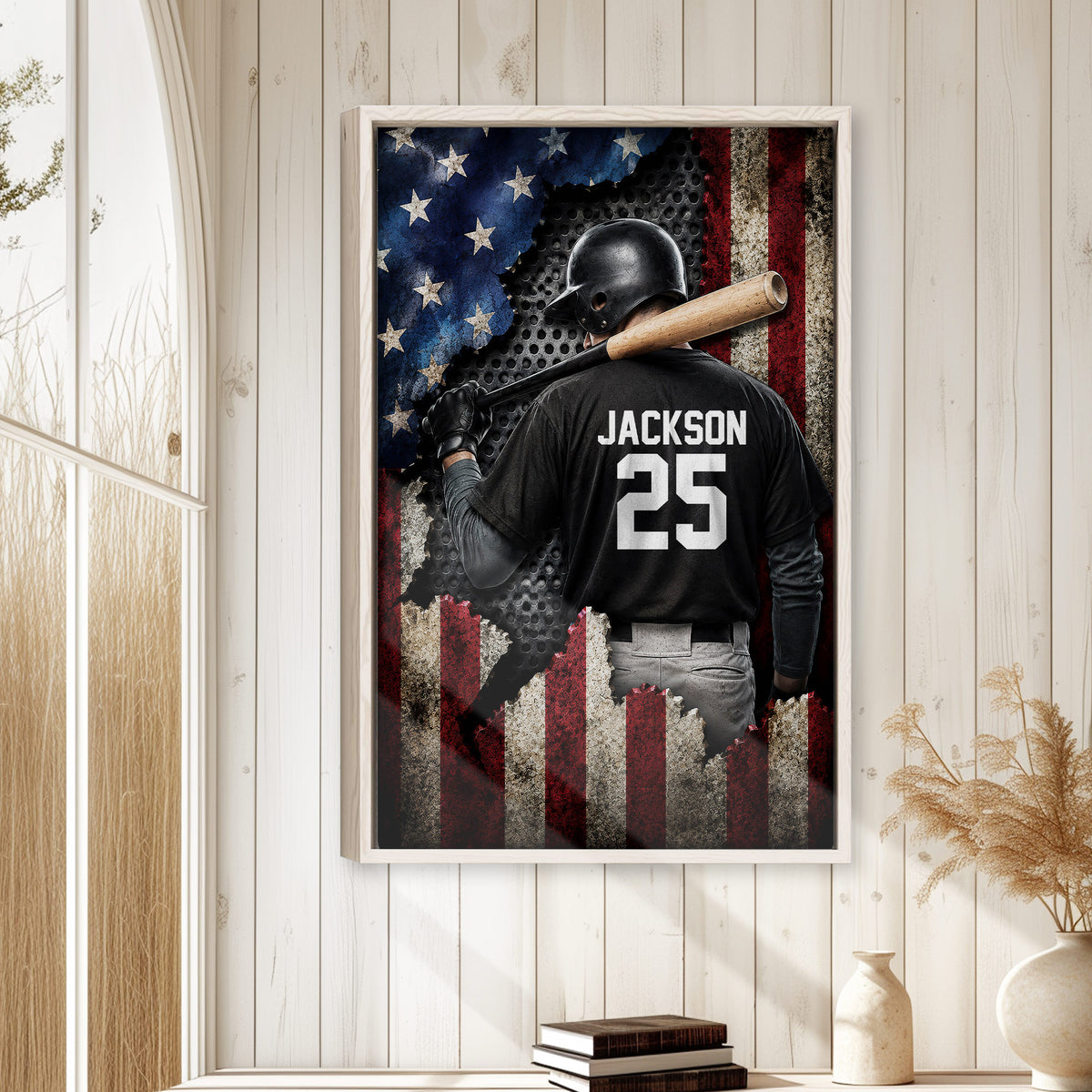 Baseball wall art displayed in a bright home interior with white wood paneling and neutral decor