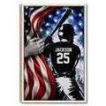 Framed baseball wall art with a batter silhouette, red white and blue flag, and starry background