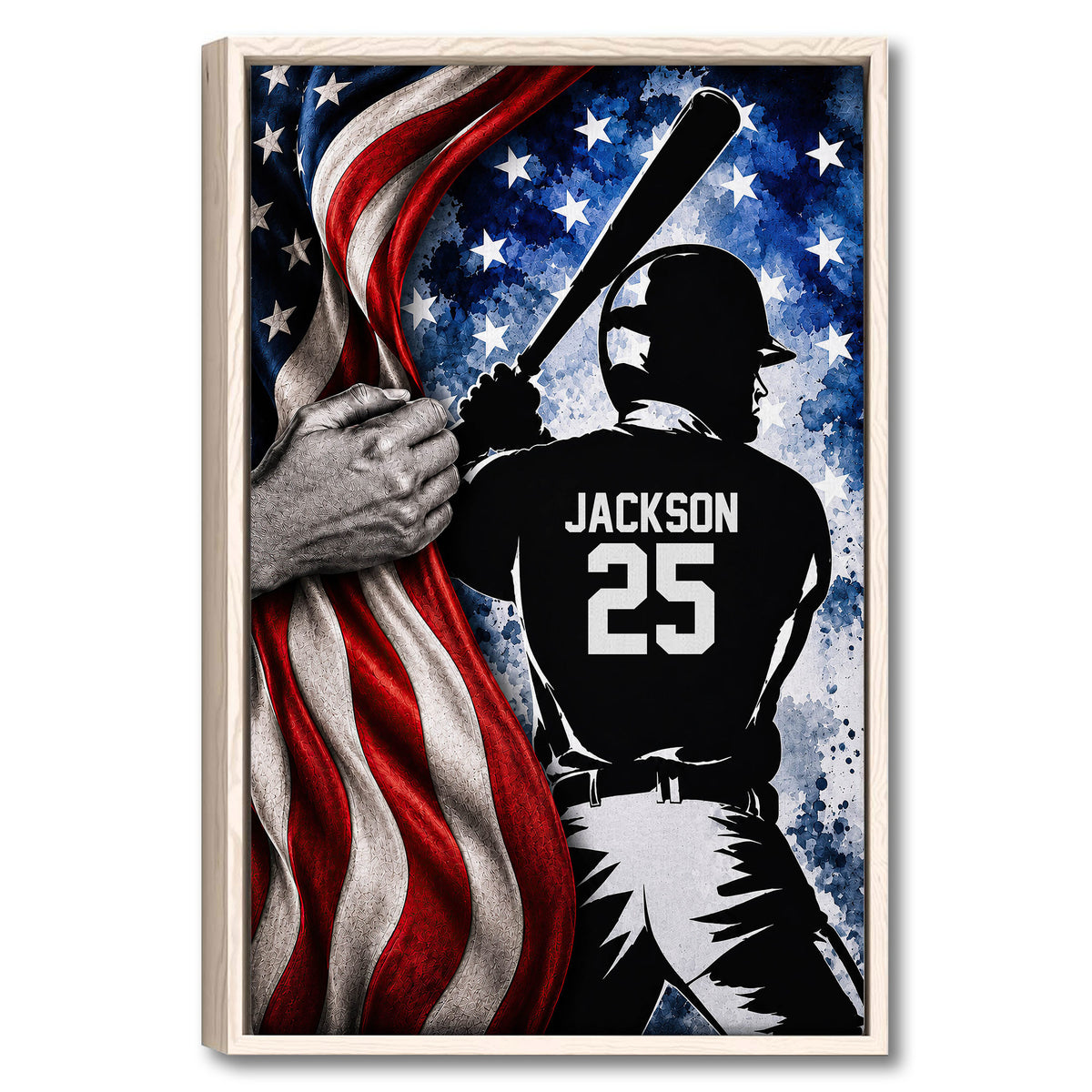 Framed baseball wall art with a batter silhouette, red white and blue flag, and starry background