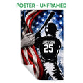 Unframed baseball poster featuring a batter silhouette against a patriotic red white and blue background