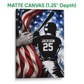 Matte canvas baseball wall art featuring a batter silhouette and patriotic flag-inspired artwork