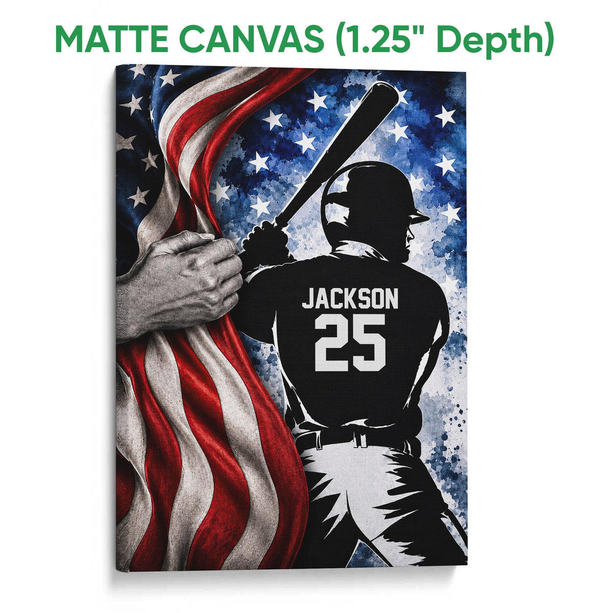 Matte canvas baseball wall art featuring a batter silhouette and patriotic flag-inspired artwork