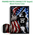 Black framed canvas baseball wall art with a batter silhouette and red white and blue artwork