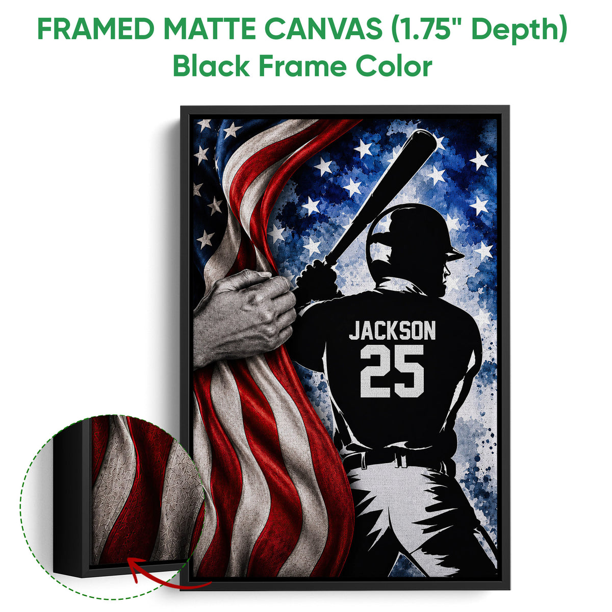 Black framed canvas baseball wall art with a batter silhouette and red white and blue artwork