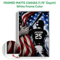 White framed baseball wall art featuring a batter silhouette, stars, and patriotic colors