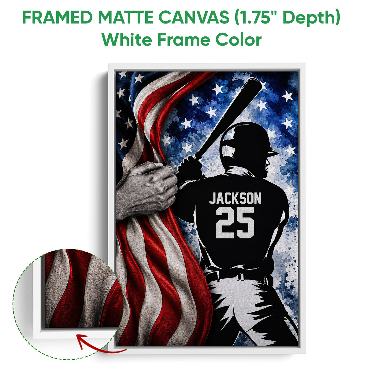 White framed baseball wall art featuring a batter silhouette, stars, and patriotic colors