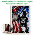 Natural wood framed baseball wall art with a batter silhouette and bold red white and blue design