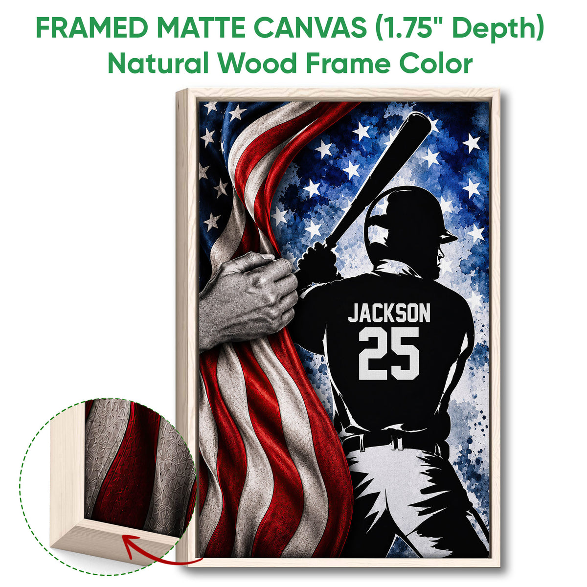 Natural wood framed baseball wall art with a batter silhouette and bold red white and blue design