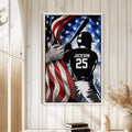 Patriotic baseball wall art displayed in a bright home with white plank walls and neutral decor