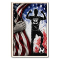 Framed soccer wall art featuring a silhouetted player with a soccer ball against an American flag background