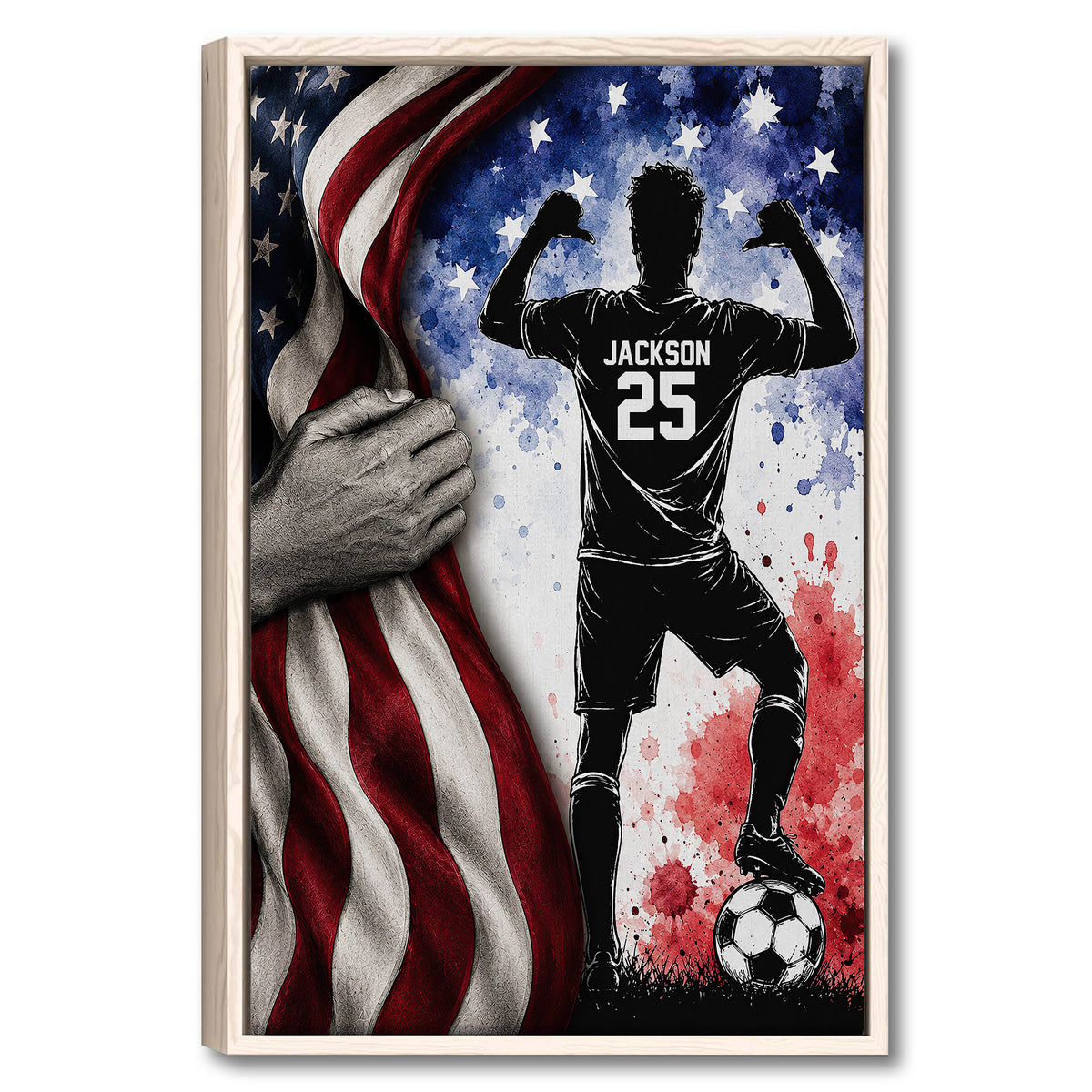 Framed soccer wall art featuring a silhouetted player with a soccer ball against an American flag background
