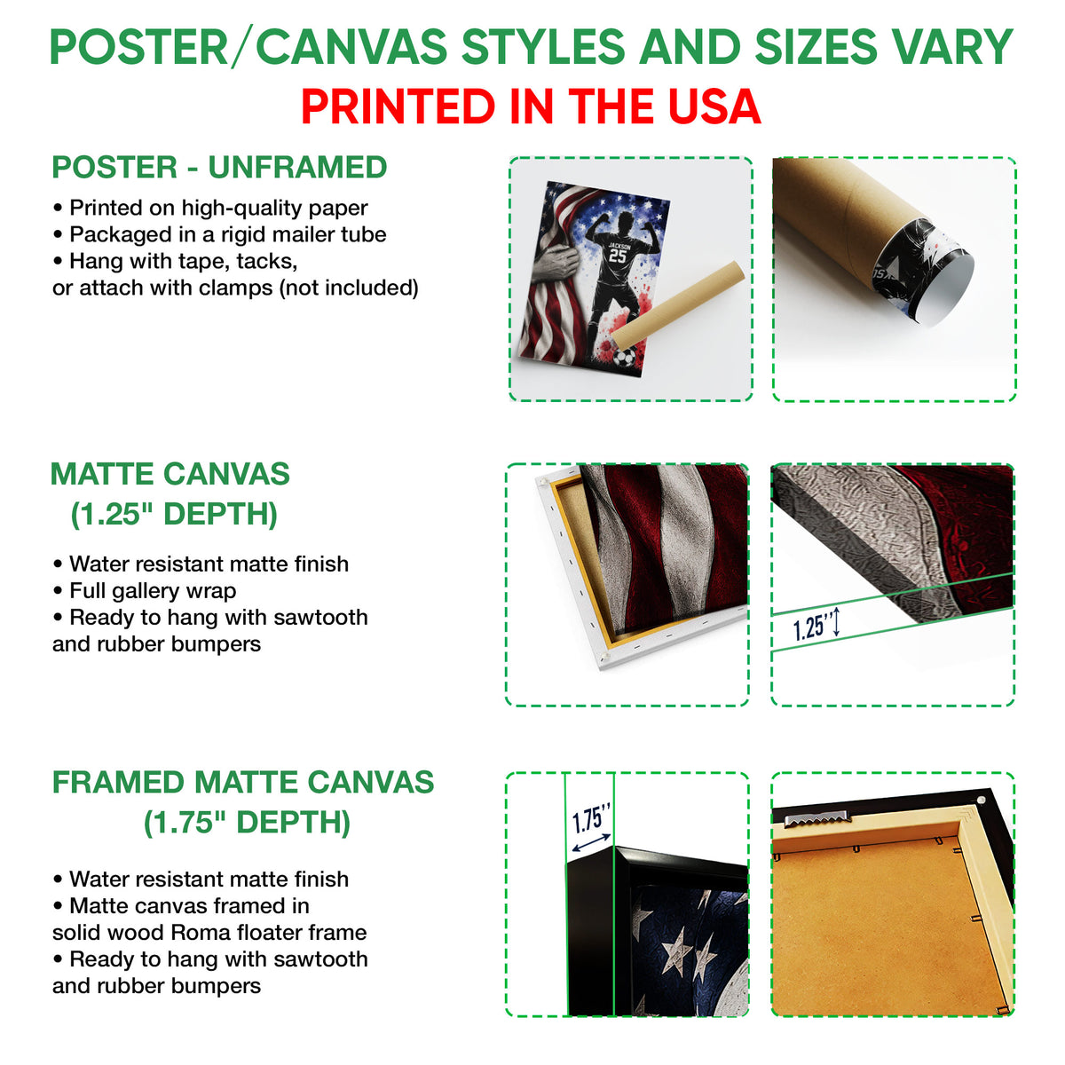 Poster and canvas wall art option guide showing unframed poster, matte canvas, and framed canvas formats