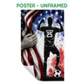 Unframed soccer poster showing a silhouetted player with a soccer ball and red, white, and blue artwork