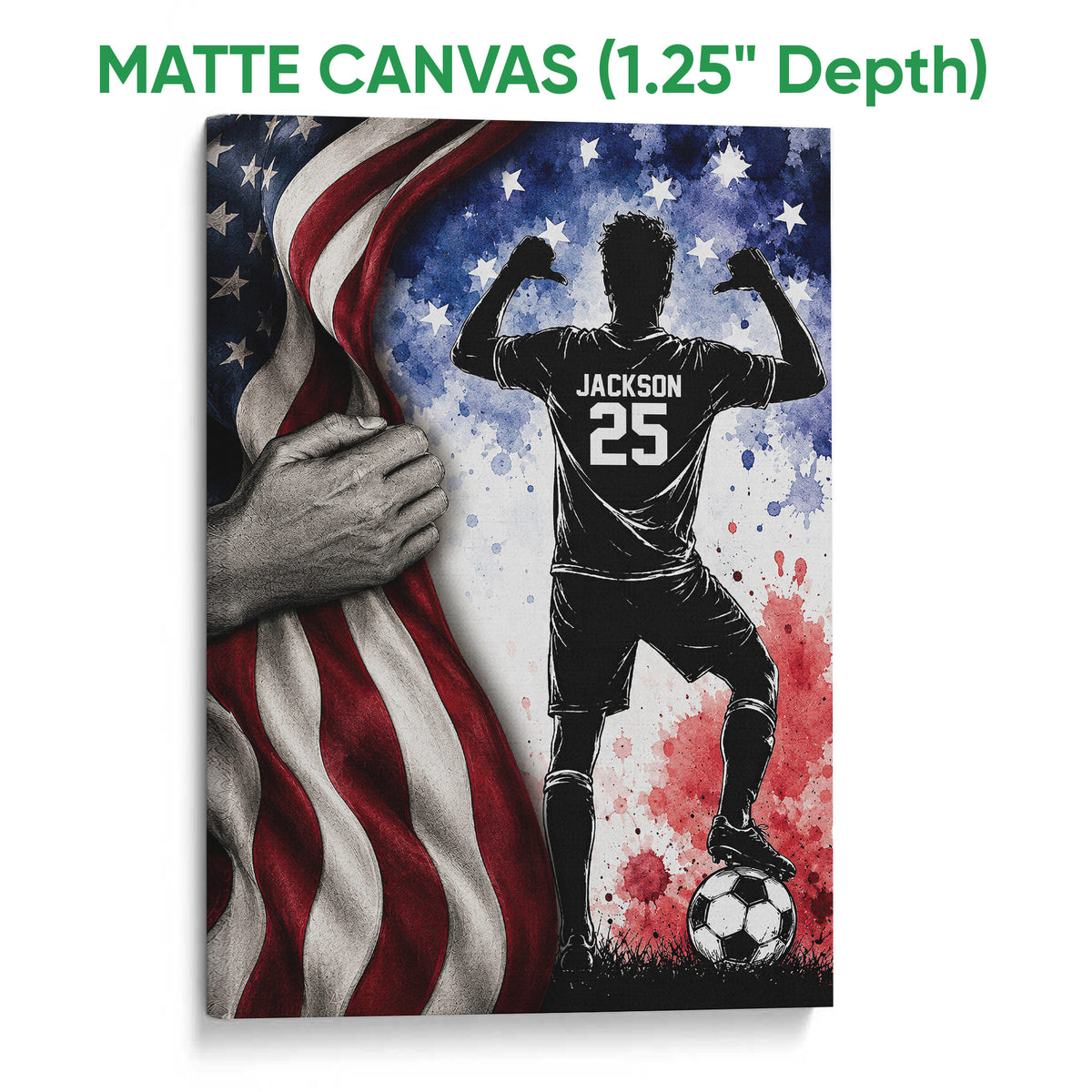 Matte canvas soccer wall art featuring a silhouetted player, soccer ball, stars, and red and blue tones