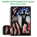 Black framed canvas soccer wall art with a silhouetted player, soccer ball, and patriotic red and blue design