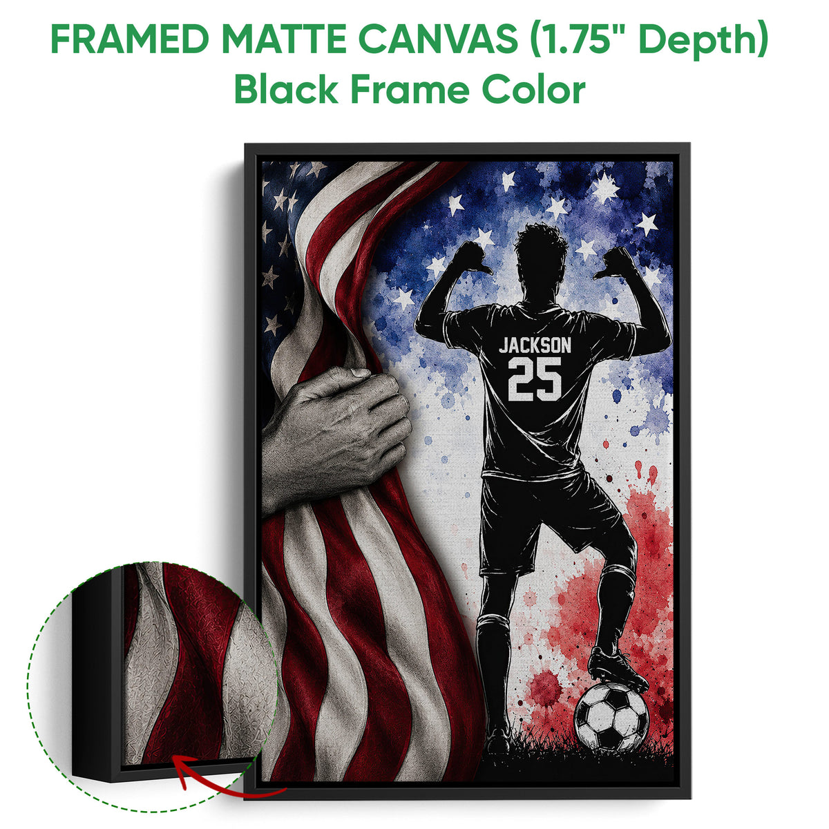 Black framed canvas soccer wall art with a silhouetted player, soccer ball, and patriotic red and blue design
