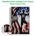 White framed canvas soccer wall art featuring a silhouetted player, soccer ball, stars, and flag-inspired colors