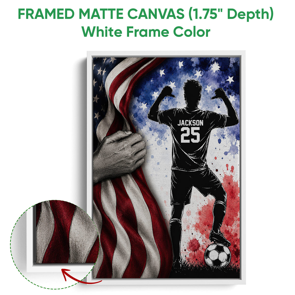 White framed canvas soccer wall art featuring a silhouetted player, soccer ball, stars, and flag-inspired colors