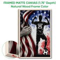 Natural wood framed soccer wall art featuring a silhouetted player and soccer ball in bold red, white, and blue