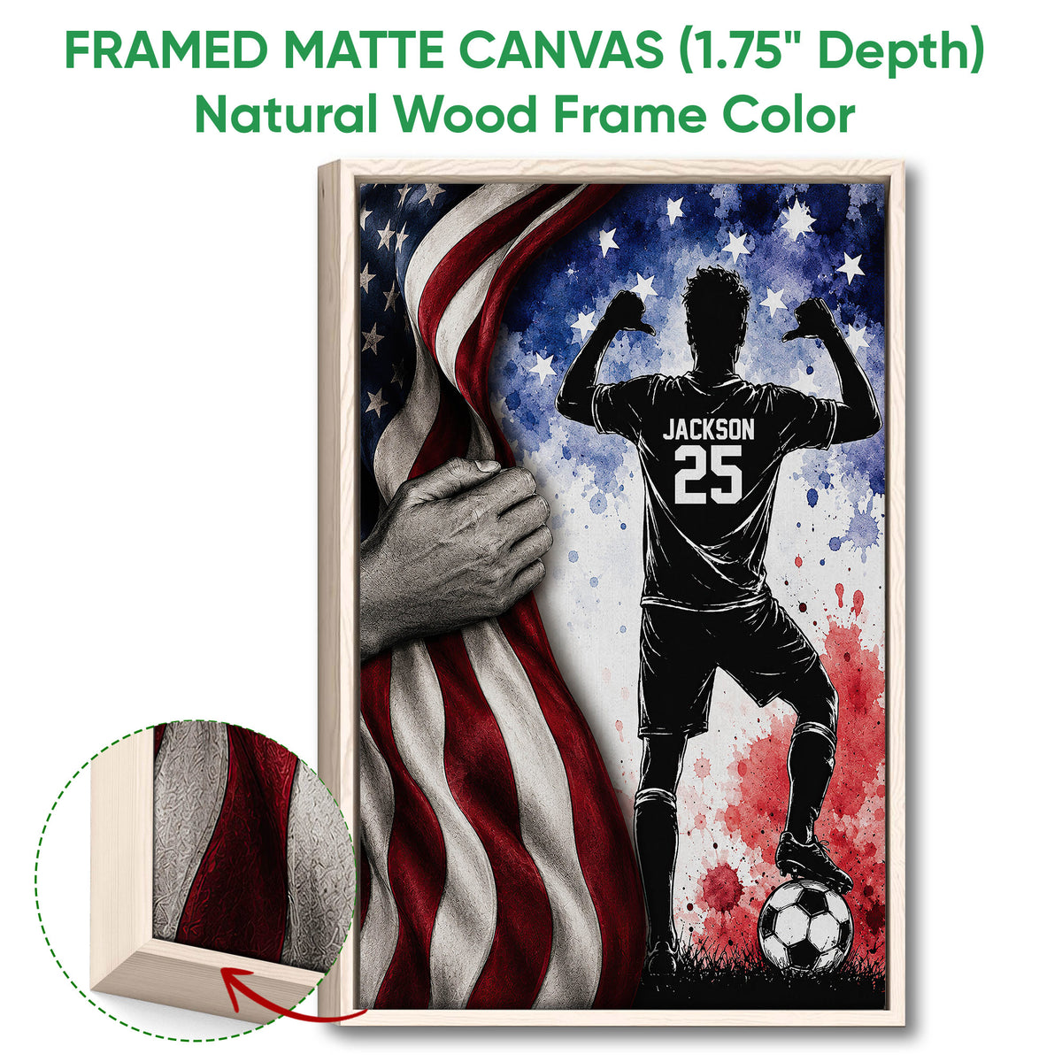 Natural wood framed soccer wall art featuring a silhouetted player and soccer ball in bold red, white, and blue