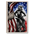 Framed motocross wall art showing a dirt bike rider against a red, white, and blue starry background