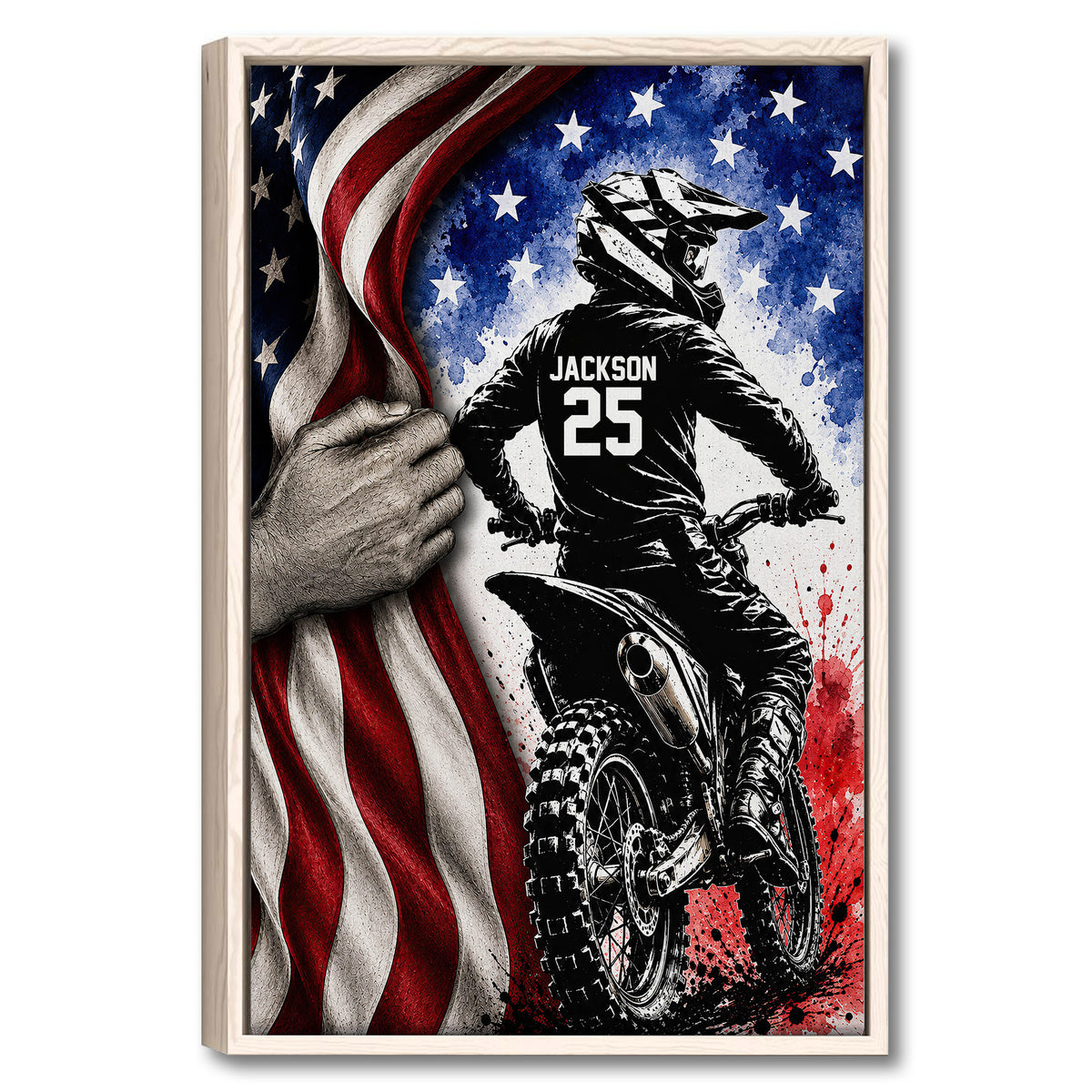 Framed motocross wall art showing a dirt bike rider against a red, white, and blue starry background