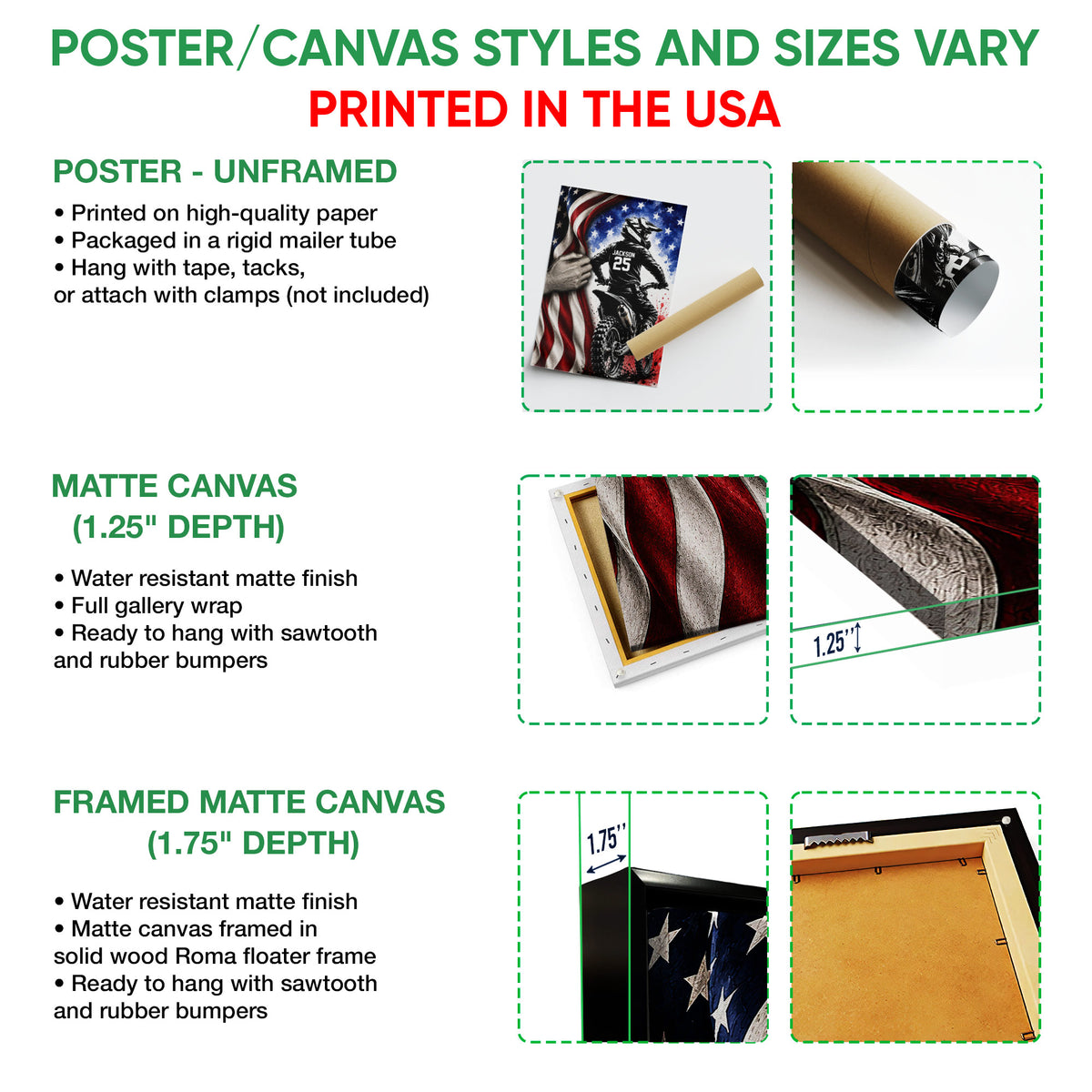Poster and canvas wall art options guide featuring motocross artwork in unframed and framed formats