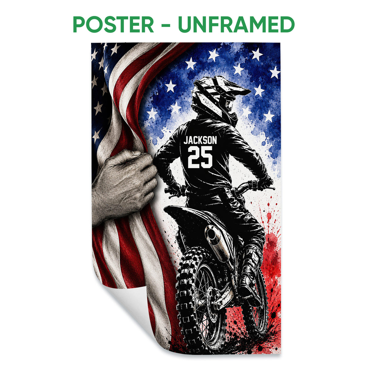 Unframed motocross poster featuring a helmeted dirt bike rider and patriotic red, white, and blue artwork