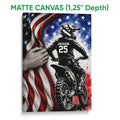 Matte canvas motocross wall art featuring a dirt bike rider with a dramatic patriotic background