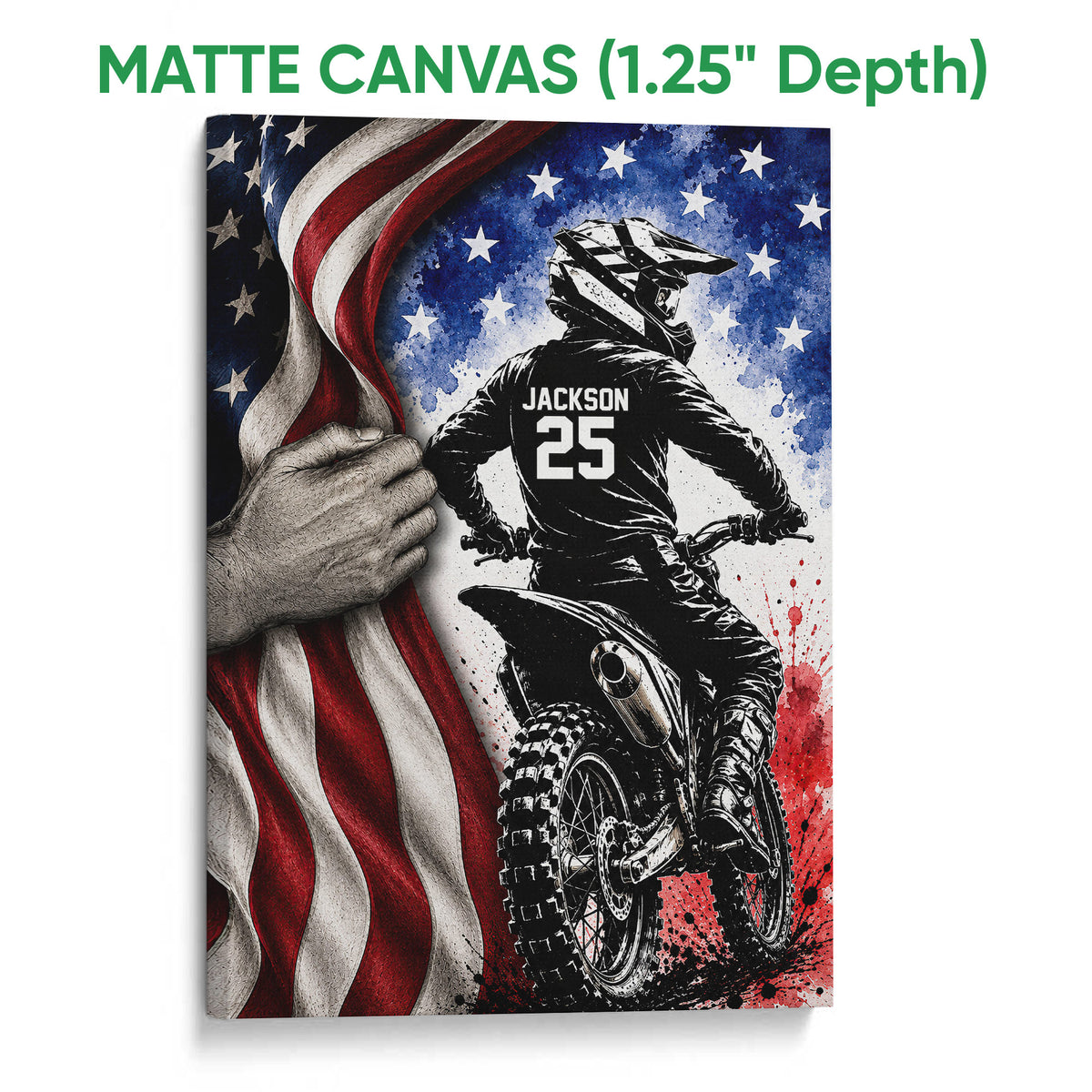 Matte canvas motocross wall art featuring a dirt bike rider with a dramatic patriotic background