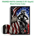 Framed motocross canvas wall art shown with a black frame and close-up frame detail