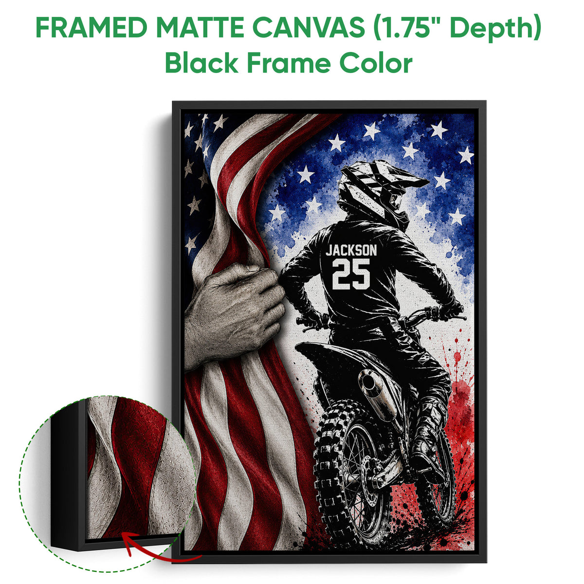 Framed motocross canvas wall art shown with a black frame and close-up frame detail