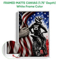 Framed motocross canvas wall art shown with a white frame and close-up frame detail