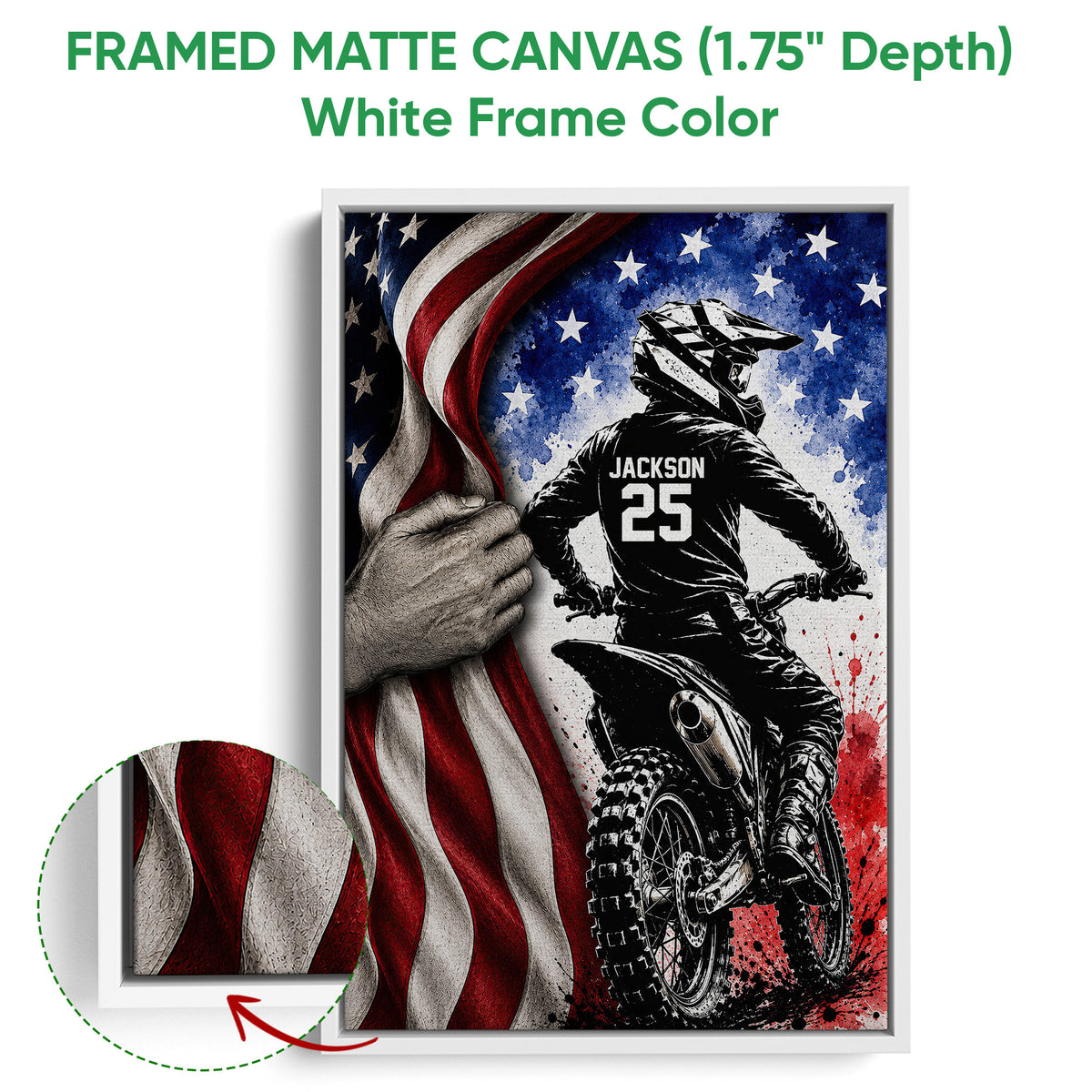 Framed motocross canvas wall art shown with a white frame and close-up frame detail