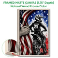 Framed motocross canvas wall art shown with a natural wood frame and close-up frame detail