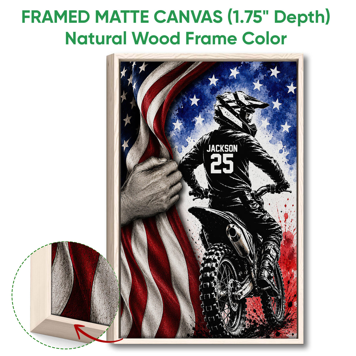 Framed motocross canvas wall art shown with a natural wood frame and close-up frame detail