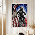 Motocross wall art displayed on a light wood-paneled wall in a bright home interior