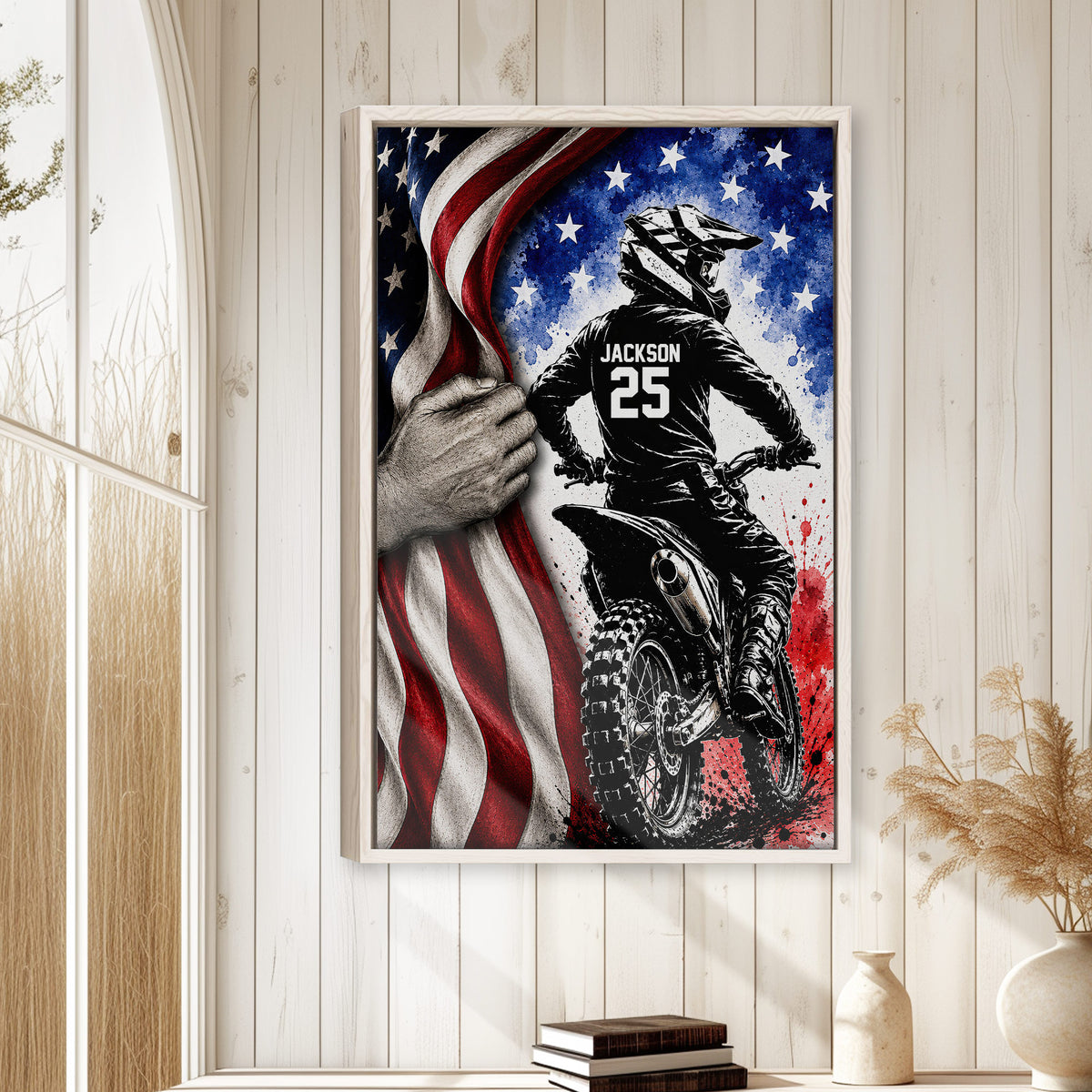 Motocross wall art displayed on a light wood-paneled wall in a bright home interior