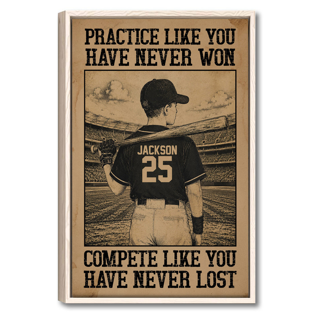 Framed baseball wall art showing a batter in a stadium with sepia tones and bold vintage-style typography
