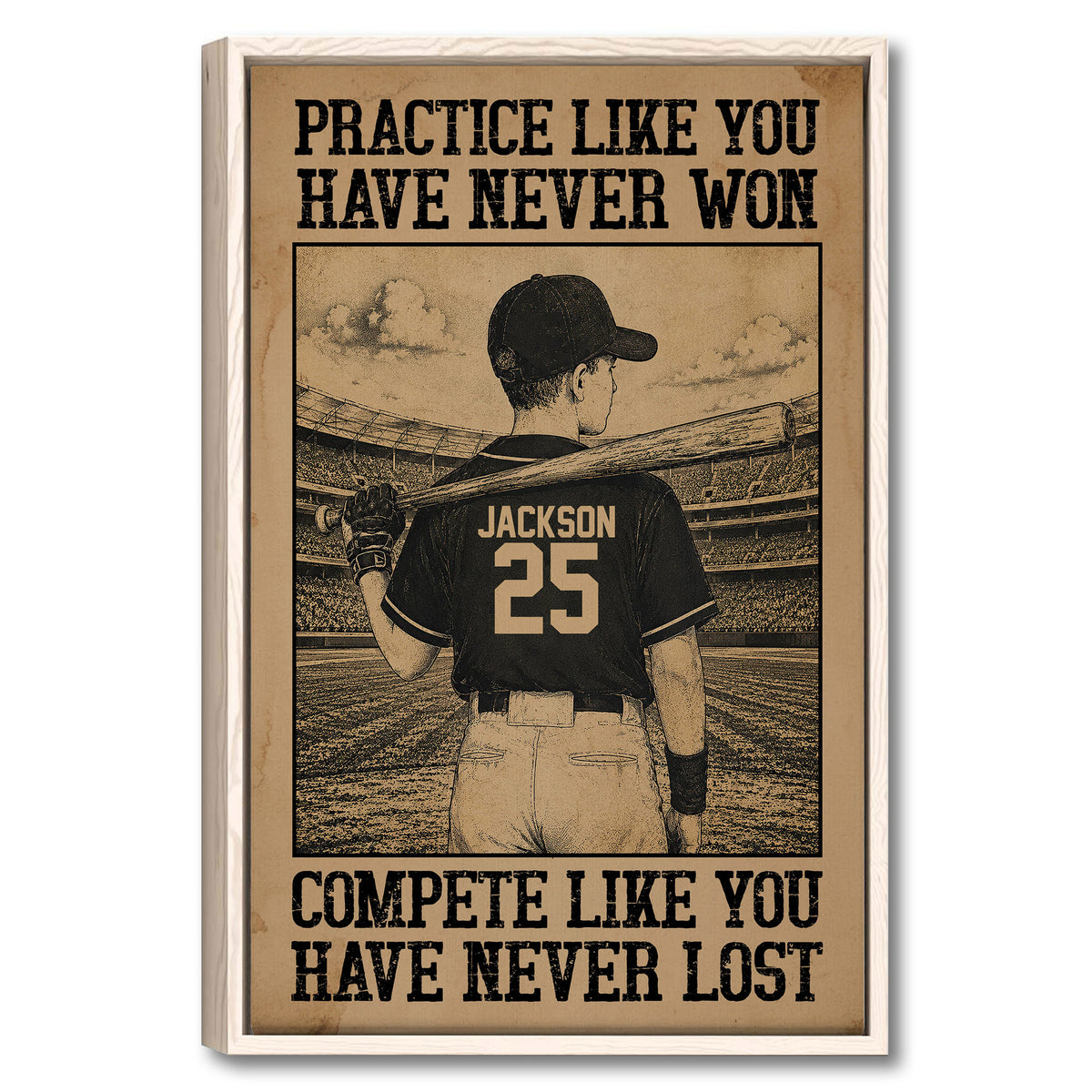 Framed baseball wall art showing a batter in a stadium with sepia tones and bold vintage-style typography