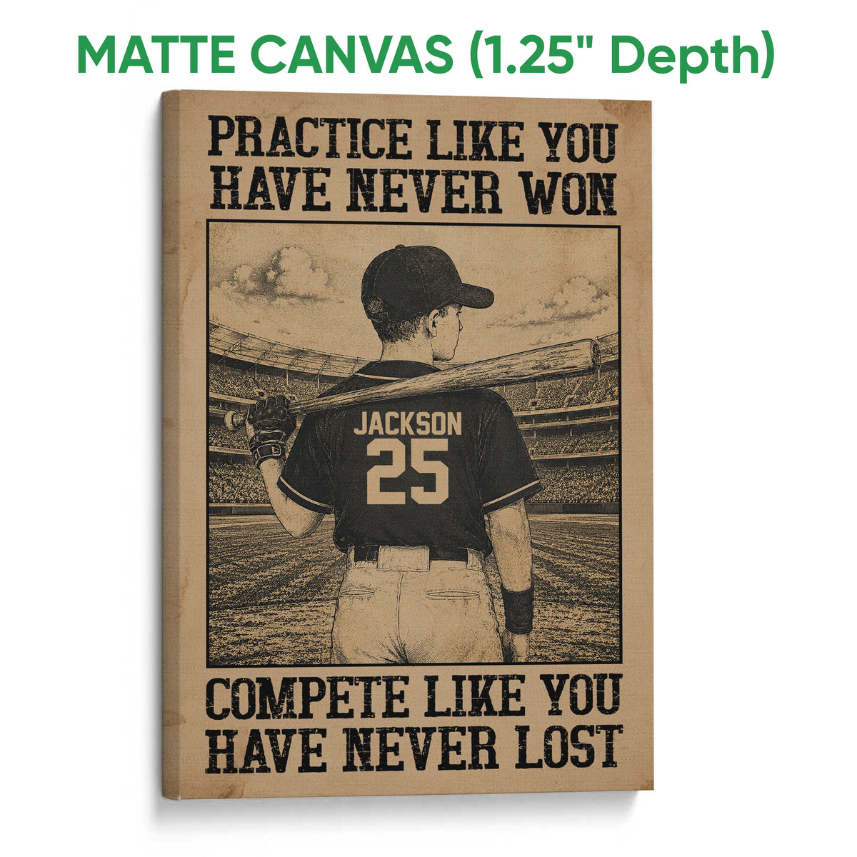 Matte canvas baseball wall art featuring a stadium batter and bold black typography in a sepia palette