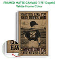 Framed matte canvas baseball wall art shown with a white frame and close-up edge detail
