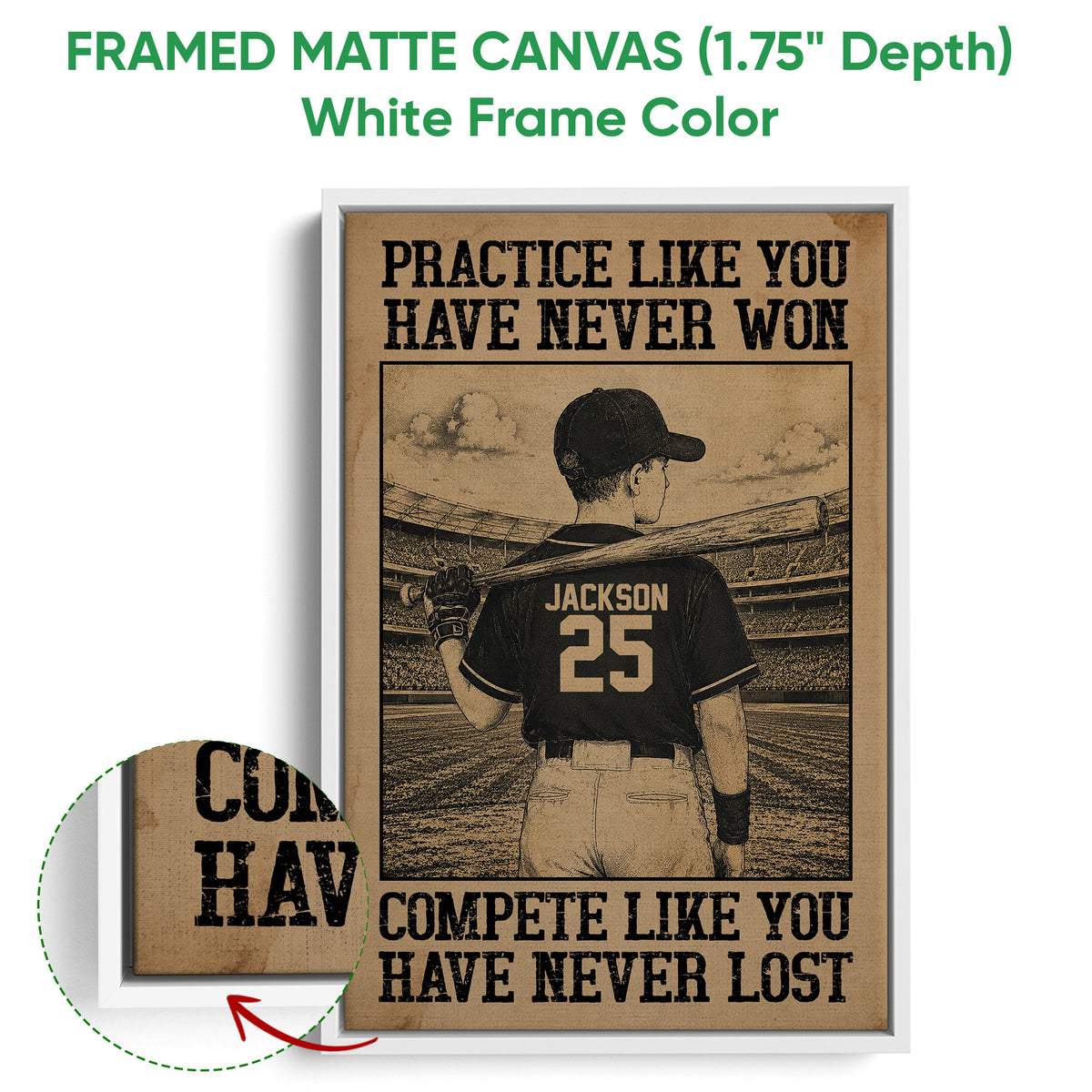 Framed matte canvas baseball wall art shown with a white frame and close-up edge detail