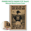 Framed matte canvas baseball wall art shown with a natural wood frame and close-up edge detail