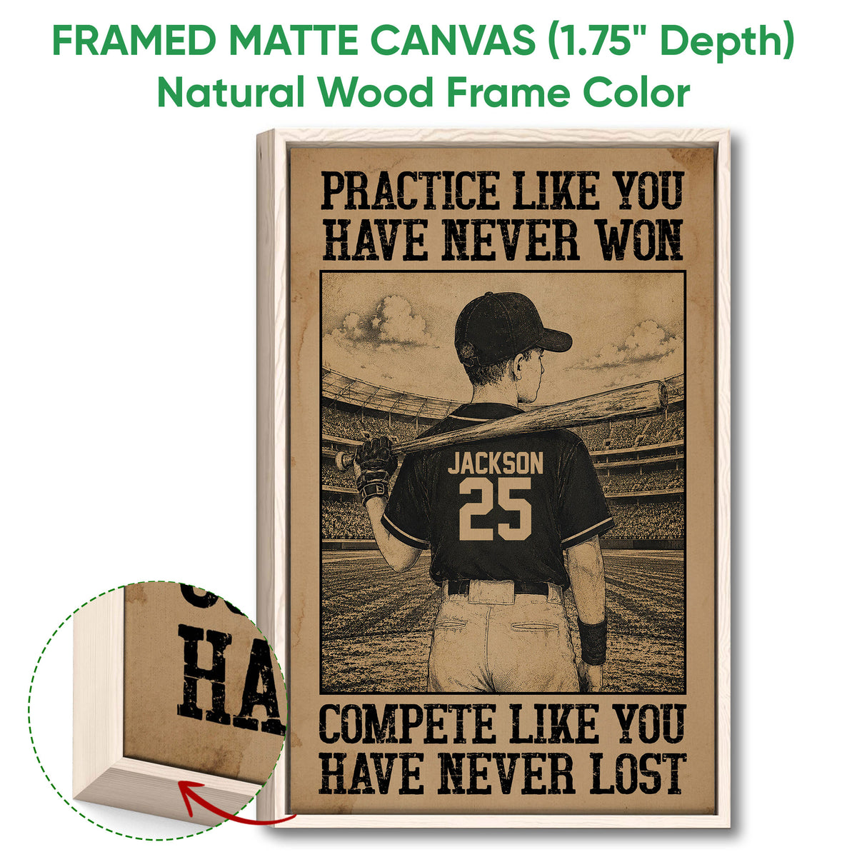 Framed matte canvas baseball wall art shown with a natural wood frame and close-up edge detail