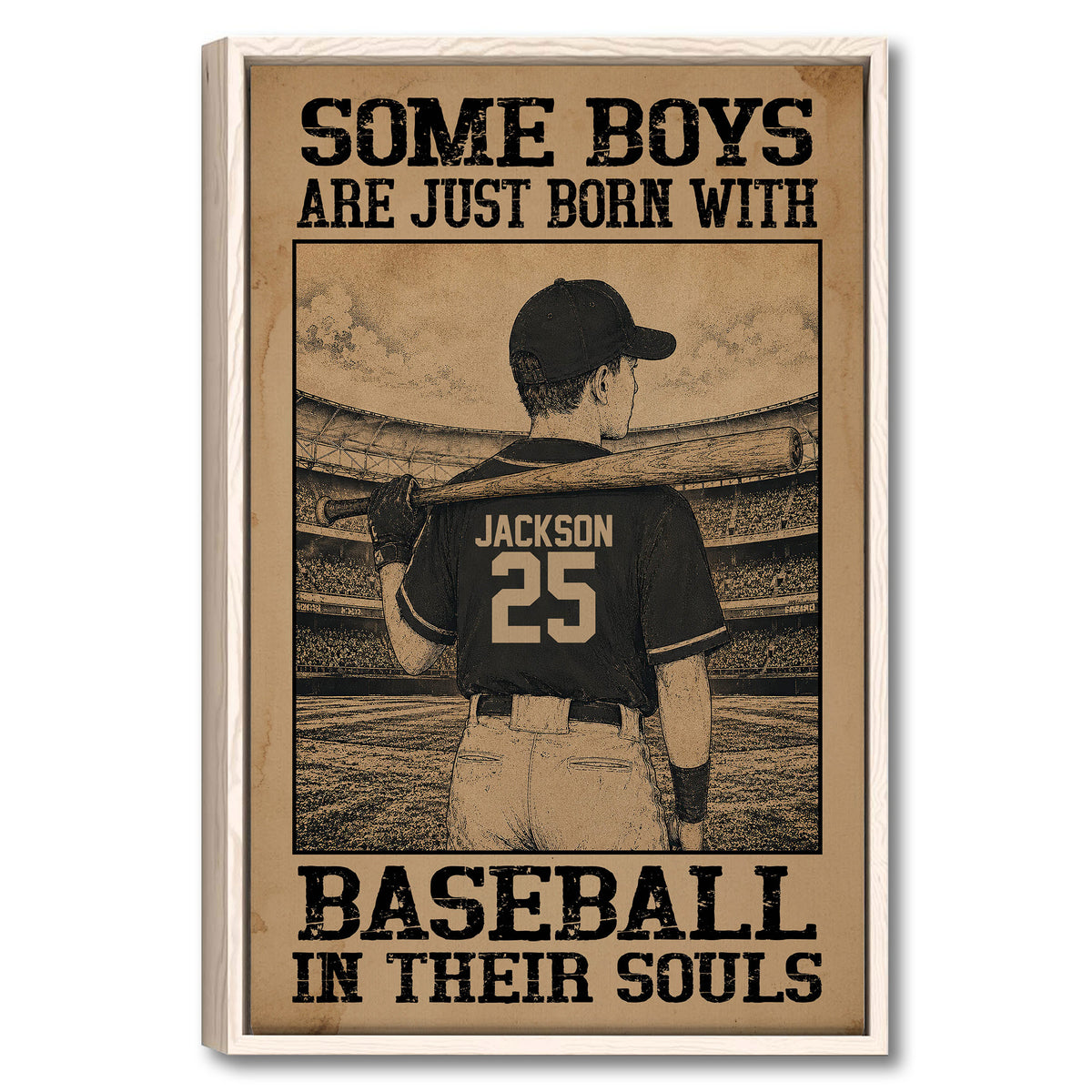 Framed baseball wall art showing a player with a bat in a stadium and distressed sepia styling