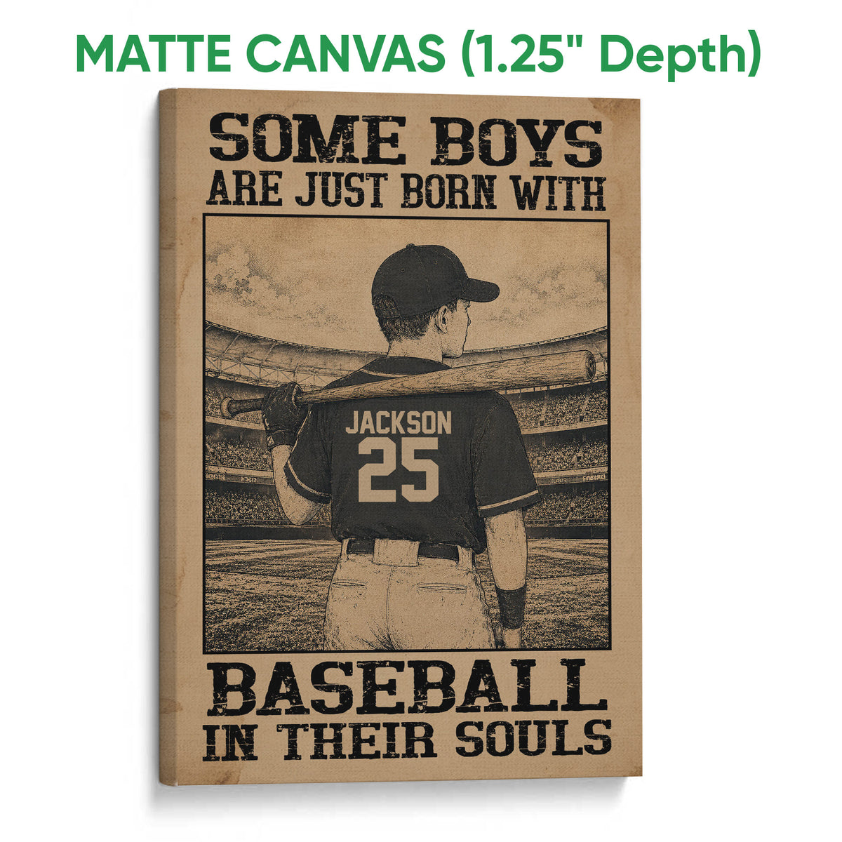 Matte canvas baseball wall art featuring a stadium player and distressed vintage-inspired sepia design